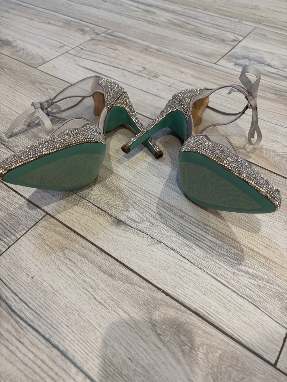 Betsey Johnson Nude Mesh Crystal Pointed-Toe Ankle-Tie Heels - Picture 3 of 3